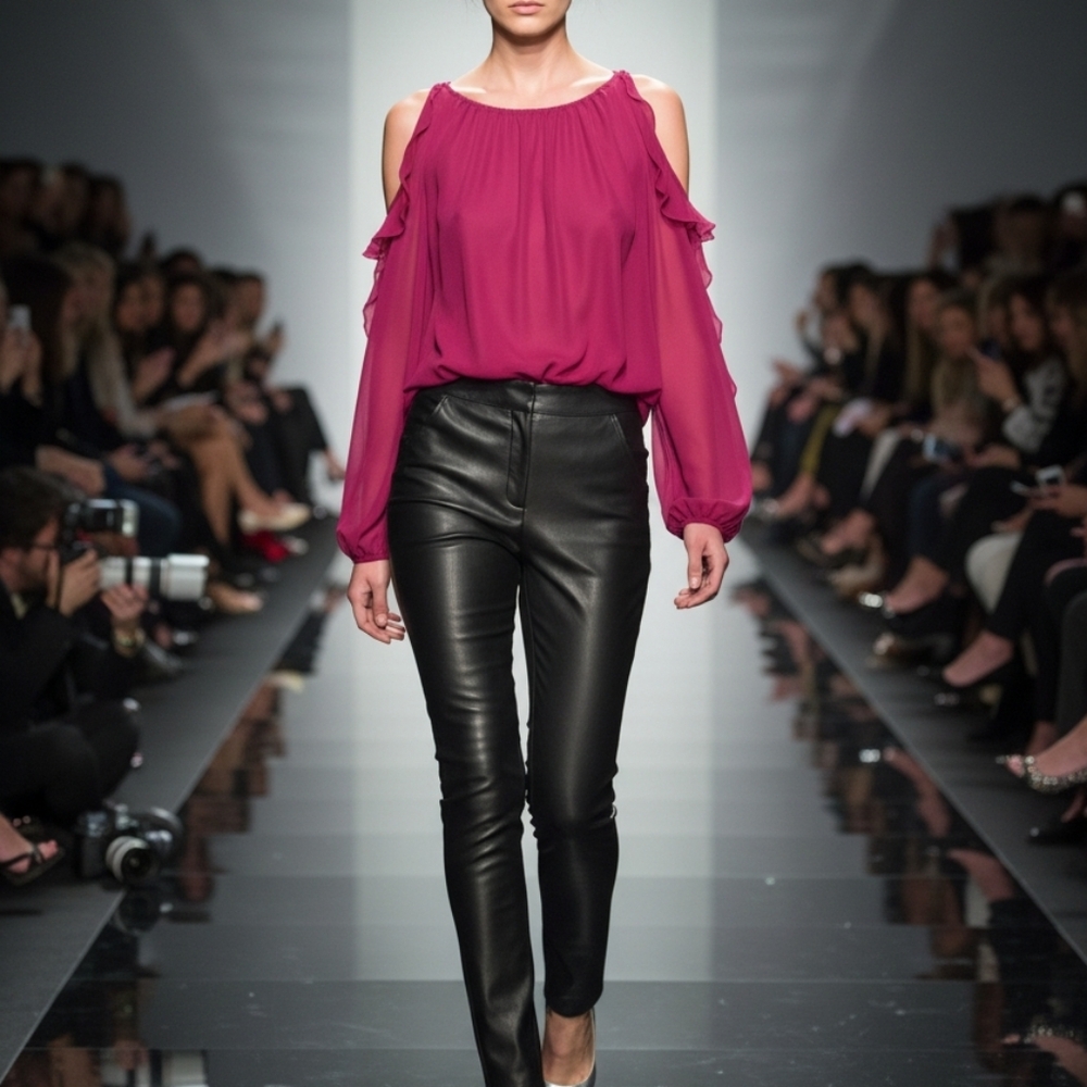 Elegant Burgundy Chiffon Blouse Cold Shoulder